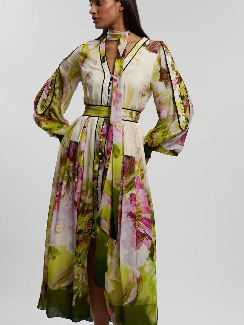 Karen Millen Petite Size 8 Floral Viscose Maxi Dress Green Pink Floral - Picture 2 of 7